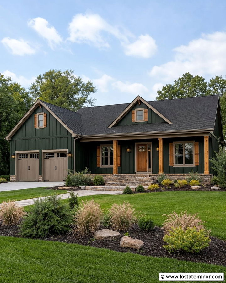 Hunter Green House With Taupe Trim And Cedar Shutters - 30 Hunter Green House Design With Trim Ideas