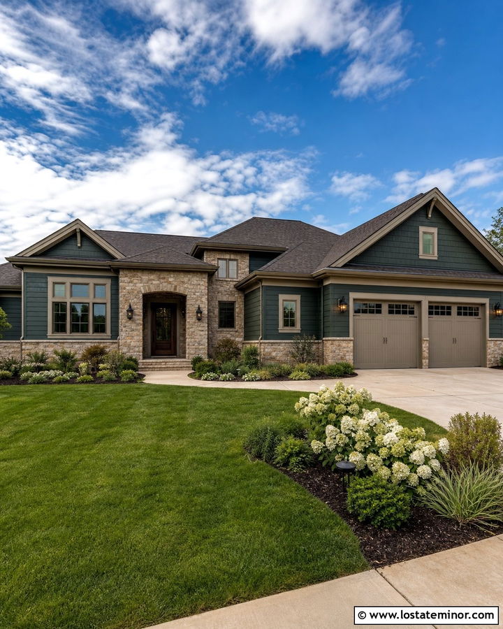 Hunter Green House With Taupe Trim And Stone - 30 Hunter Green House Design With Stone Accents Ideas