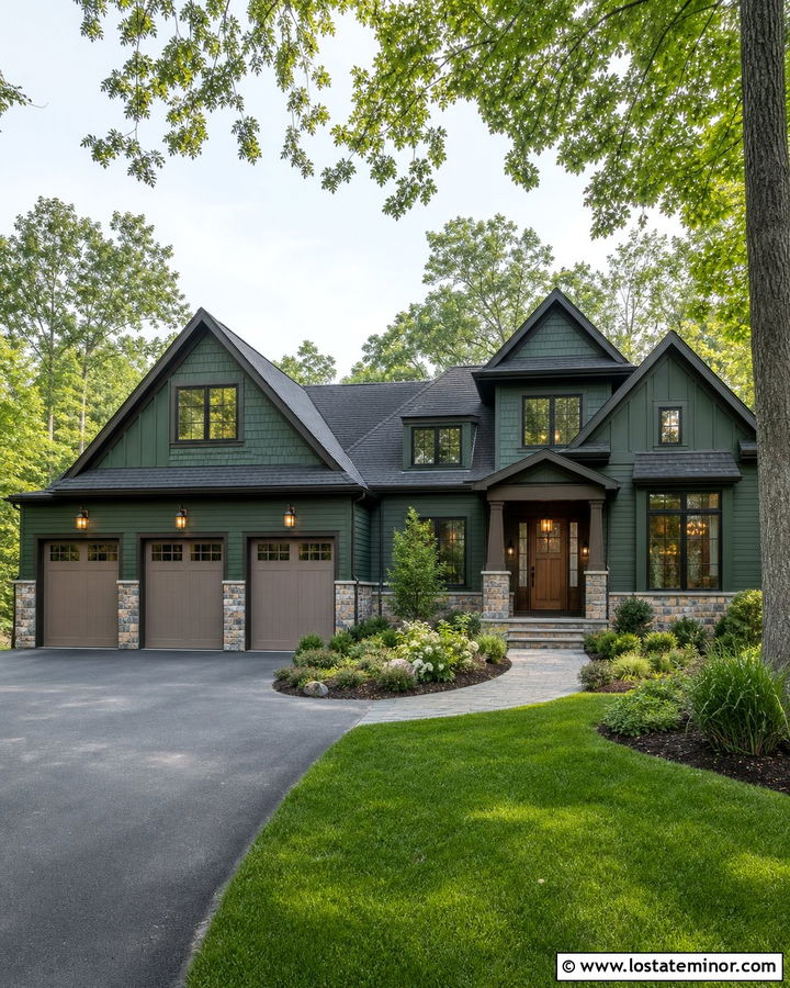 Hunter Green House With Three Car Garage - 30 Hunter Green House Design With Garage Door Ideas