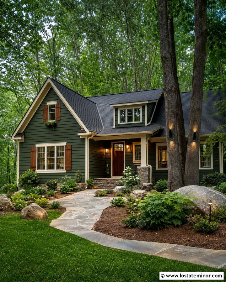 Hunter Green House With Tree Mounted Moonlighting - 30 Hunter Green House Design With Lighting Ideas