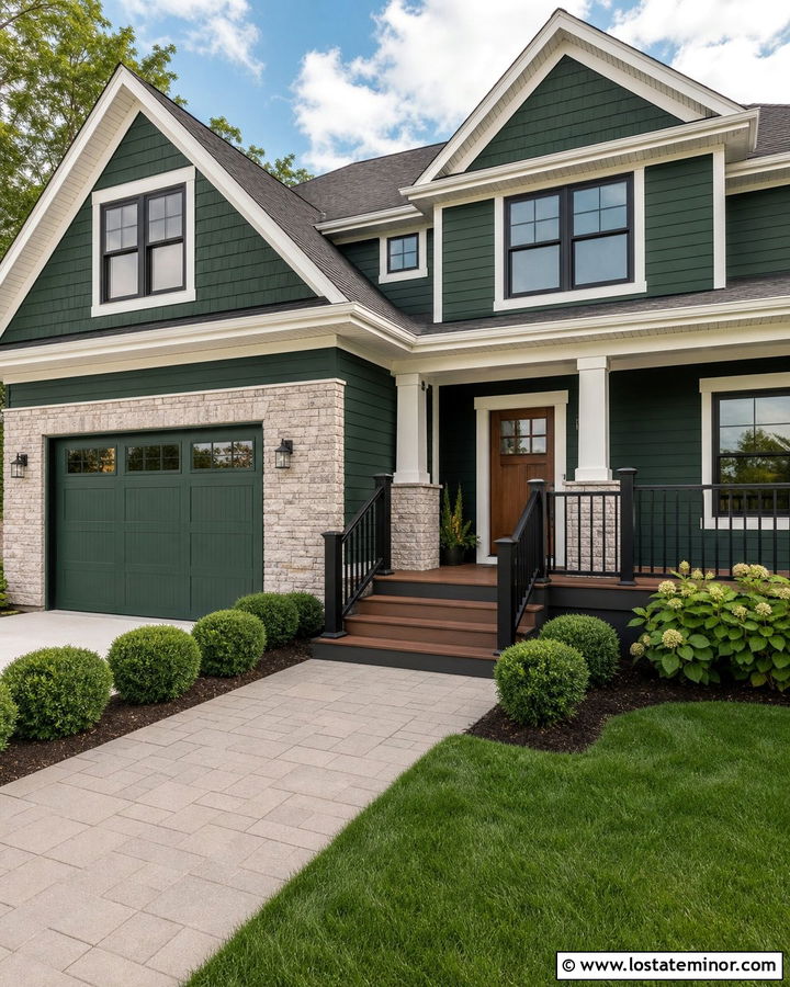Hunter Green House With Two Tone Deck - 30 Hunter Green House Design With Deck Ideas