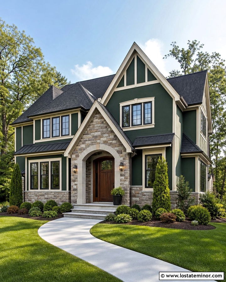Hunter Green House With Walnut Entry Door - 30 Hunter Green House Design With Entry Door Ideas
