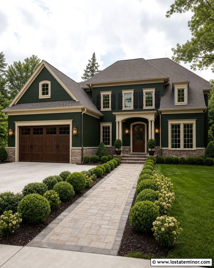 Hunter Green House With Walnut Garage Door - 30 Hunter Green House Design With Garage Door Ideas