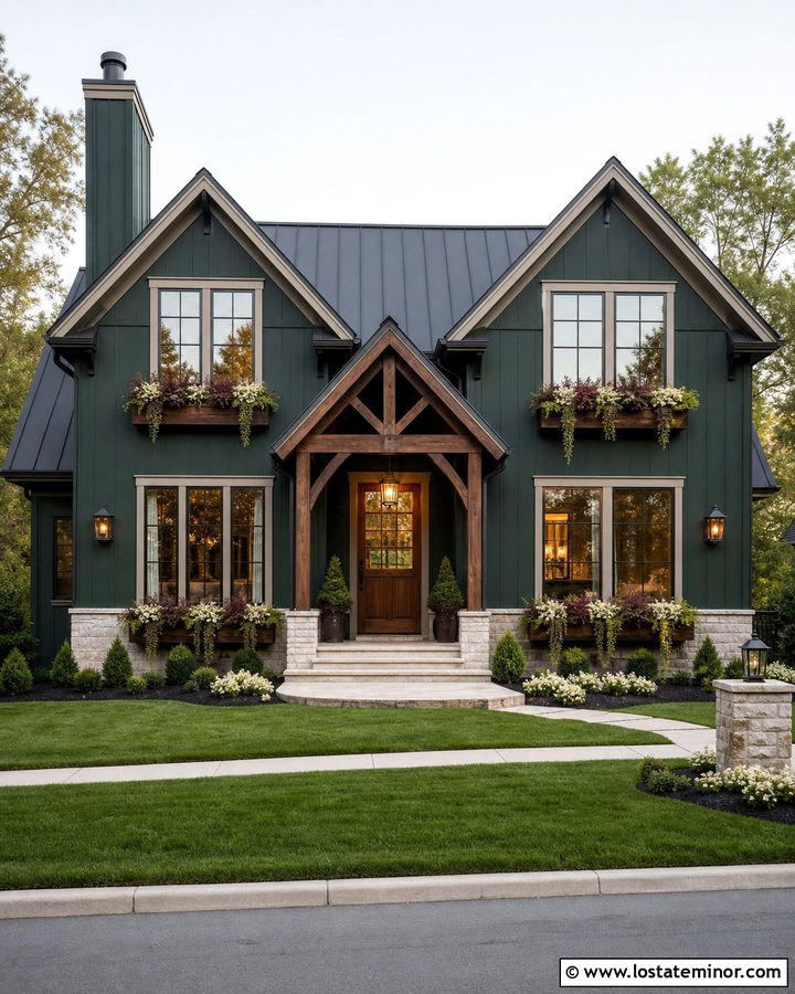 Hunter Green House With Walnut Window Boxes - 30 Hunter Green House Design With Window Boxes Ideas