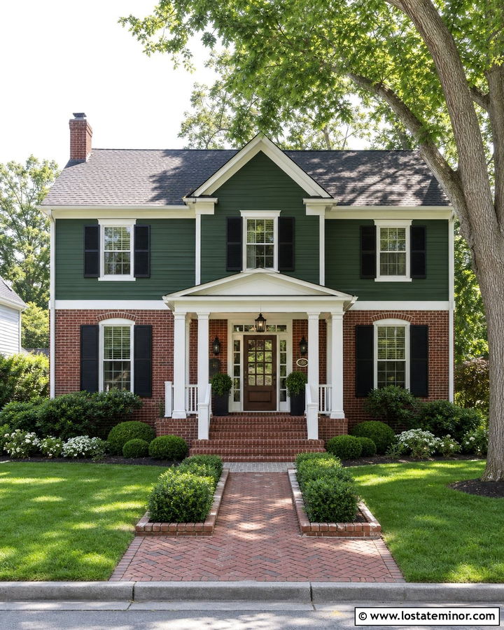 Hunter Green House With Warm Brick And White Columns - 30 Hunter Green House Design With Porch Columns Ideas