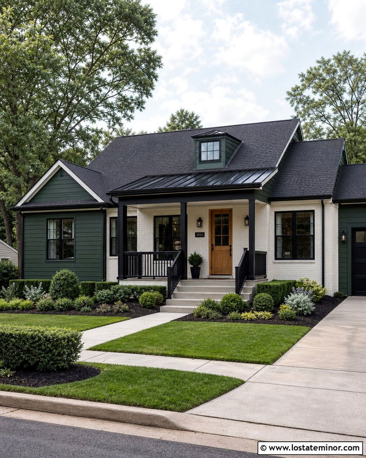 Hunter Green House With White Brick And Black Railings - 30 Hunter Green House Design With Railings Ideas