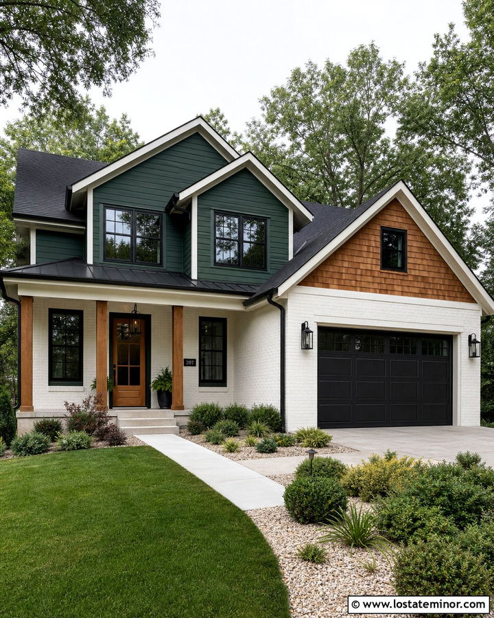 Hunter Green House With White Brick And Cedar Shake - 30 Hunter Green House Design With Cedar Shake Ideas