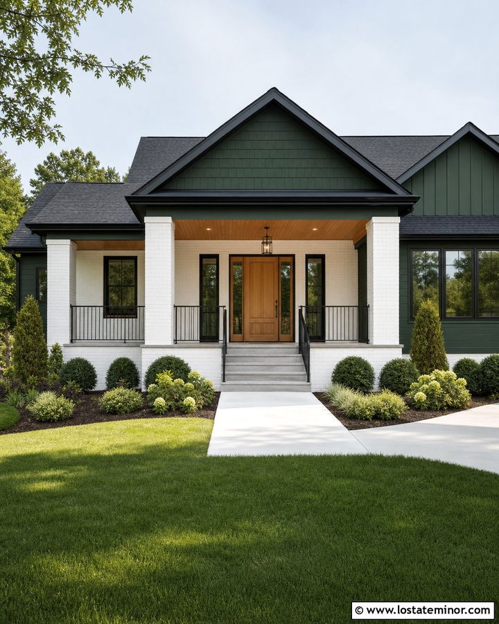 Hunter Green House With White Brick Porch - 30 Hunter Green House Design With Front Porch Ideas
