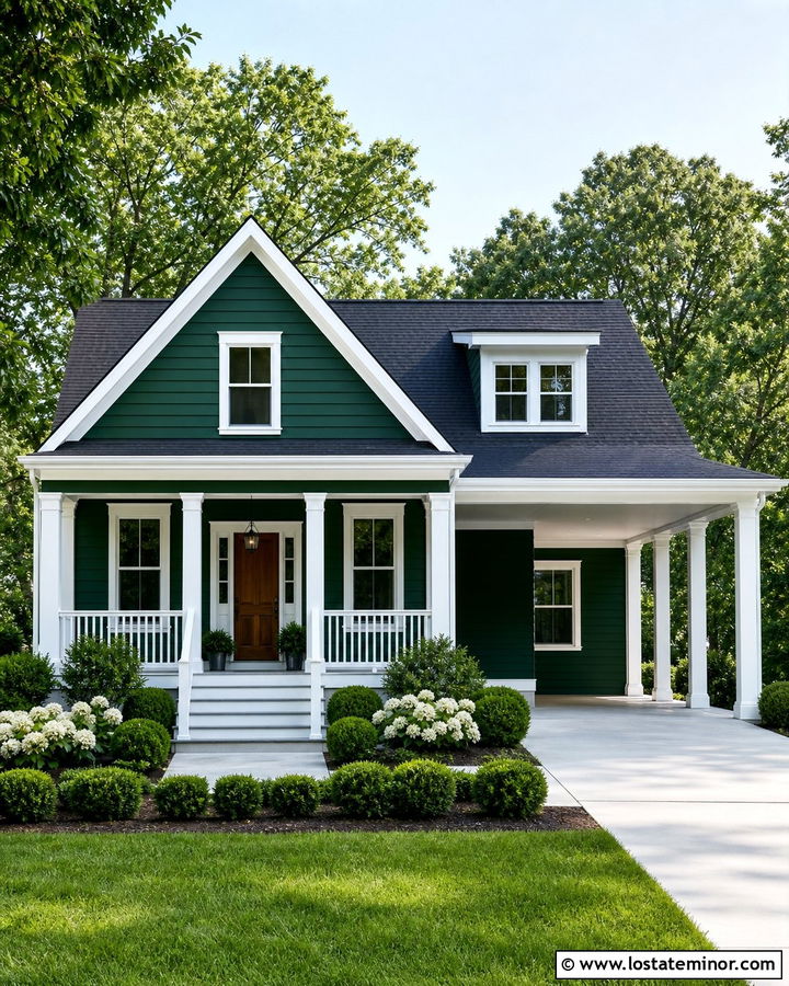 Hunter Green House With White Carport Columns - 30 Hunter Green House Design With Carport Ideas