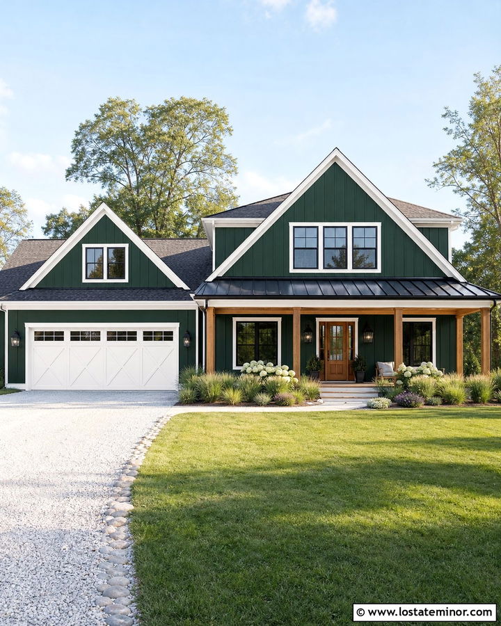 Hunter Green House With White Farmhouse Garage Door - 30 Hunter Green House Design With Garage Door Ideas
