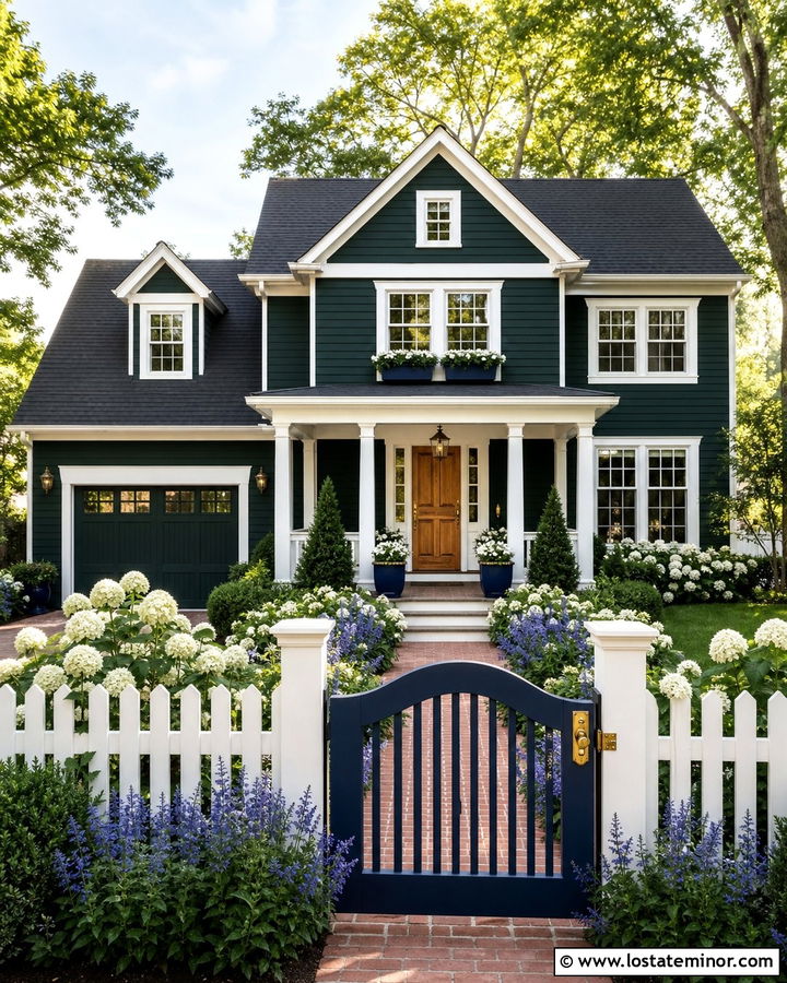Hunter Green House With White Fence And Navy Gate - 30 Hunter Green House Design With Fence Ideas