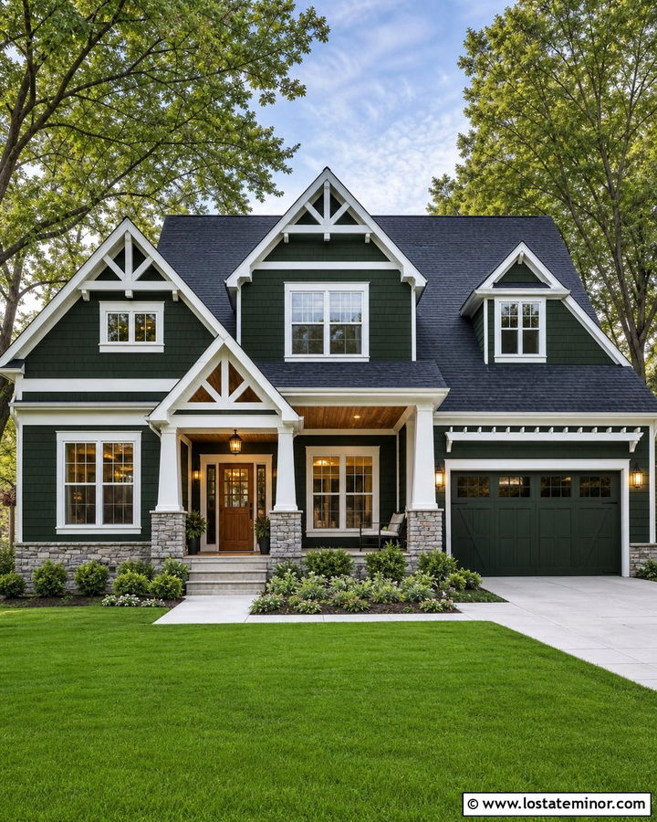 Hunter Green House With White Gable Trusses - 30 Hunter Green House Design With Gables Ideas