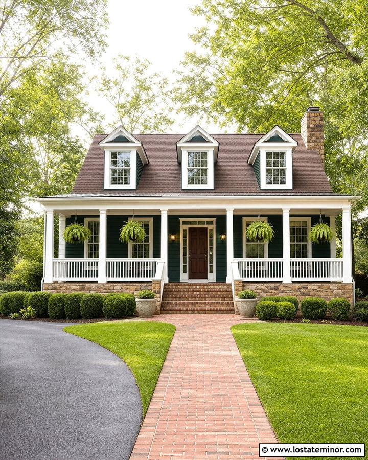 Hunter Green House With White Porch And Brown Shingles - 30 Hunter Green House Design With Shingles Ideas