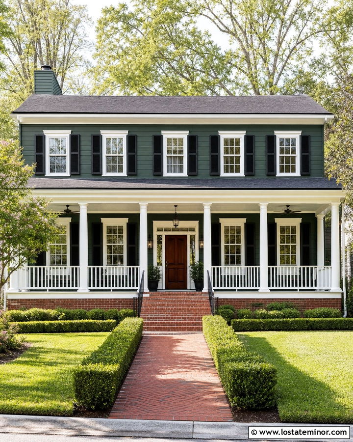 Hunter Green House With White Porch Ceiling And Brick - 30 Hunter Green House Design With Porch Ceiling Ideas
