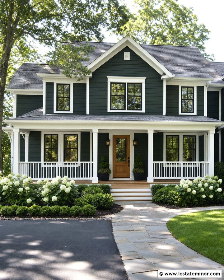 Hunter Green House With White Porch Railings - 30 Hunter Green House Design With Railings Ideas