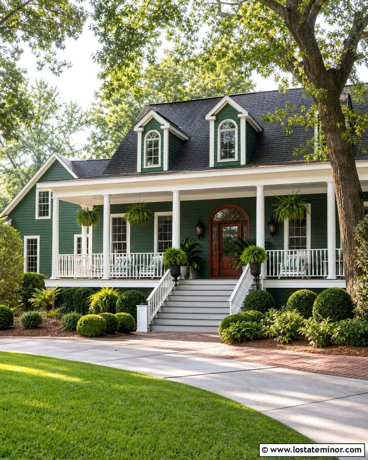 Hunter Green House With White Porch - 30 Hunter Green House Design With Accents Ideas