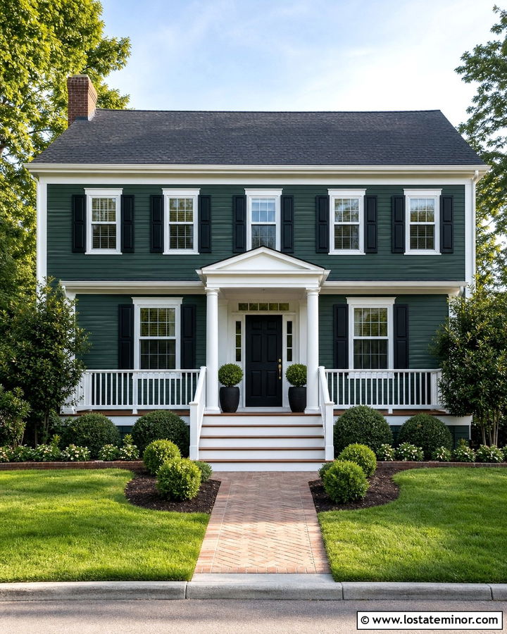Hunter Green House With White Railing Deck - 30 Hunter Green House Design With Deck Ideas