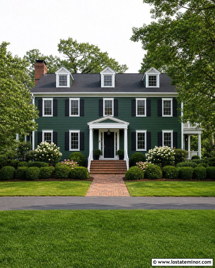 Hunter Green House With White Trim And Brick Steps - 30 Hunter Green House Design With Steps Ideas