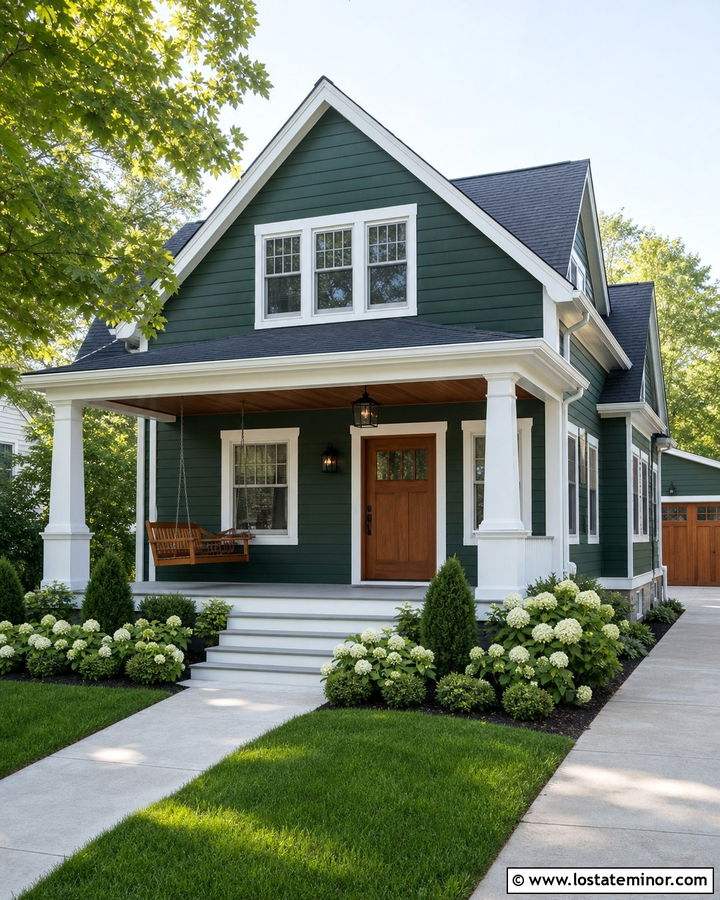 Hunter Green House With White Trim And Cedar Swing - 30 Hunter Green House Design With Swing Ideas