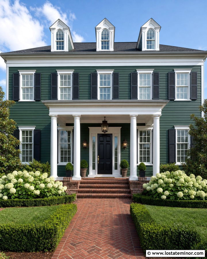 Hunter Green House With White Trim And Gas Lanterns - 30 Hunter Green House Design With Light Fixtures Ideas