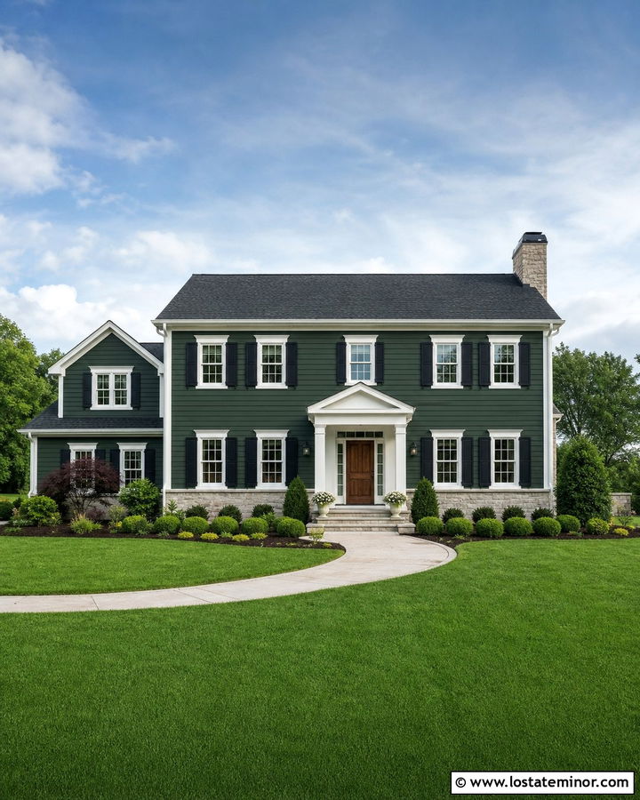 Hunter Green House With White Trim And Limestone - 30 Hunter Green House Design With Stone Accents Ideas