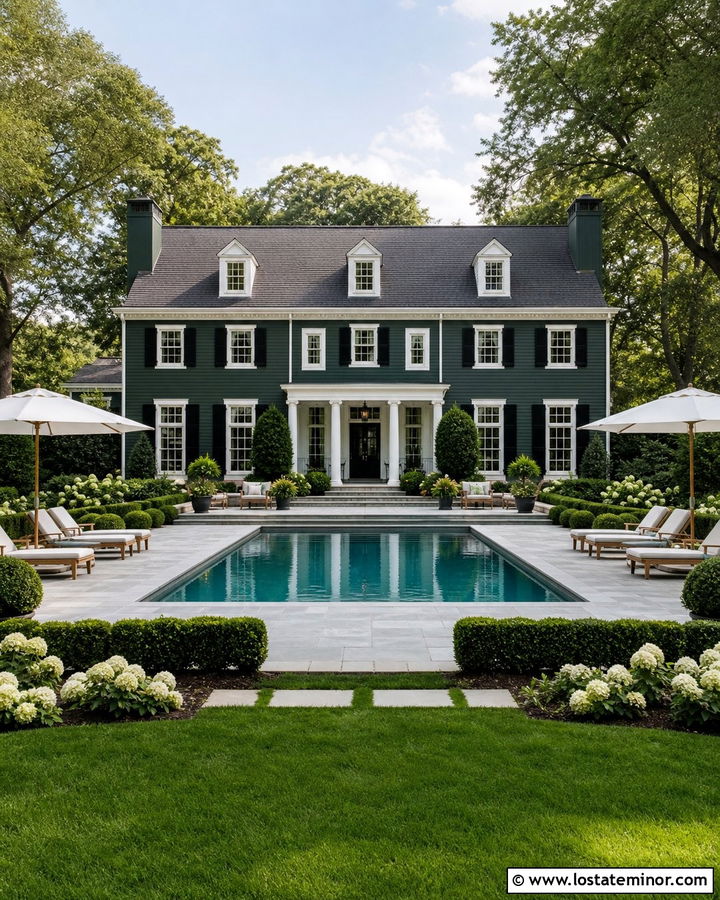 Hunter Green House With White Trim And Pool - 30 Hunter Green House Design With Swimming Pool Ideas