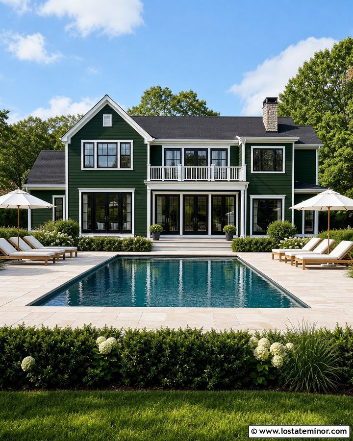 Hunter Green House With White Trim And Pool - 30 Hunter Green House Design With Backyard Ideas