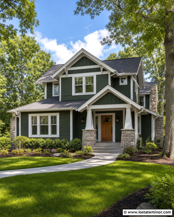 Hunter Green House With White Trim And Wood Door - 30 Hunter Green House Design With Trim Ideas