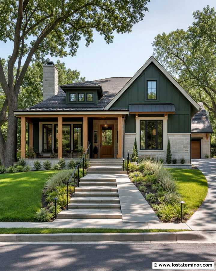 Hunter Green House With Wide Accessible Steps - 30 Hunter Green House Design With Steps Ideas