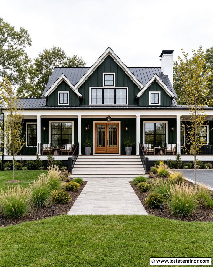 Hunter Green House With Wide Farmhouse Steps - 30 Hunter Green House Design With Steps Ideas