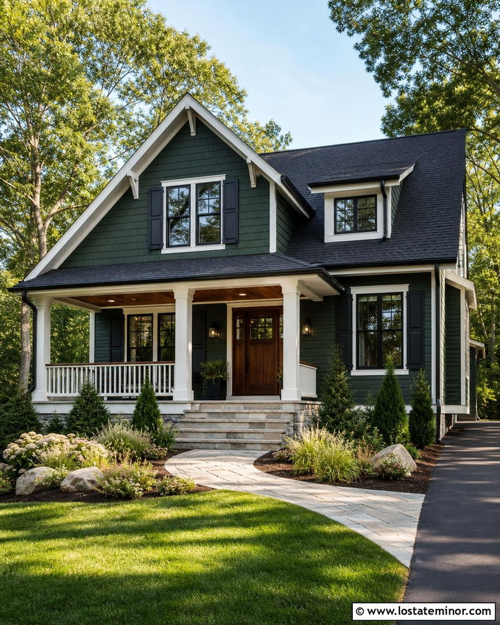 Hunter Green House With Wood Door And Black Shutters - 30 Hunter Green House Design With Shutters Ideas