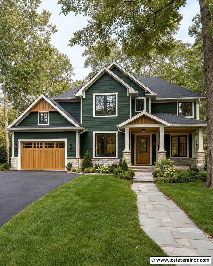 Hunter Green House With Wood Garage Door - 30 Hunter Green House Design With Accents Ideas