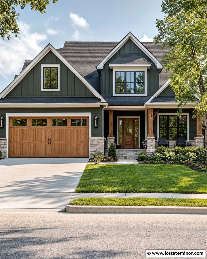 Hunter Green House With Wood Garage Doors And Sconces - 30 Hunter Green House Design With Lighting Ideas