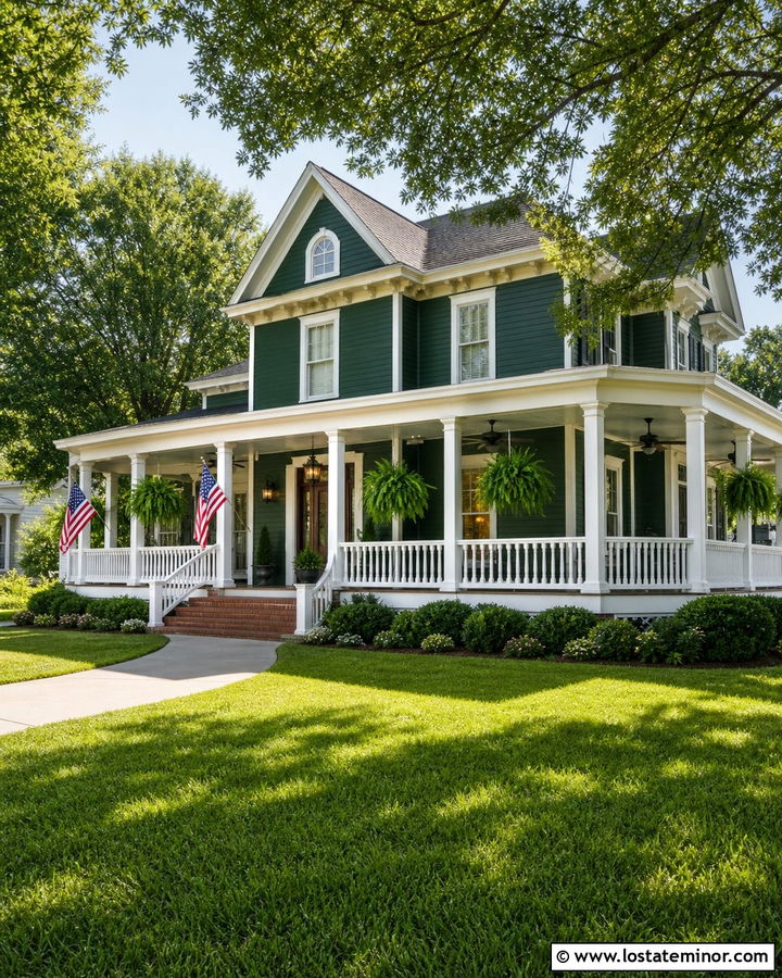 Hunter Green House With Wraparound Porch And Ceiling Fans - 30 Hunter Green House Design With Light Fixtures Ideas