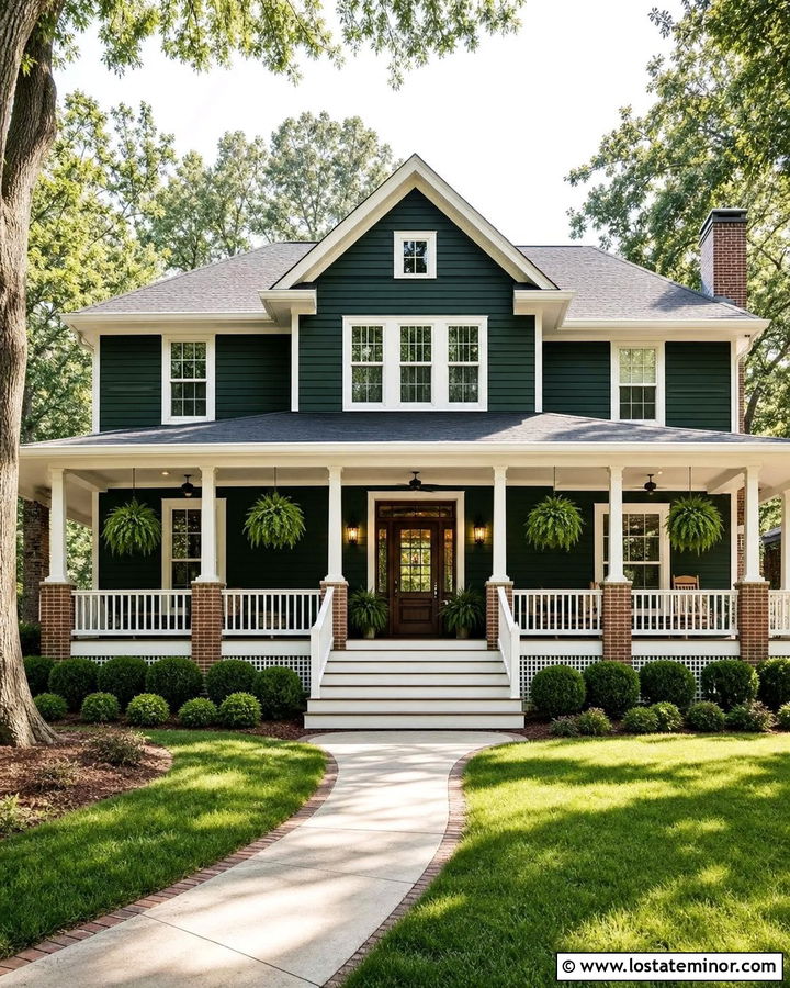 Hunter Green House With Wraparound Porch Lighting - 30 Hunter Green House Design With Lighting Ideas