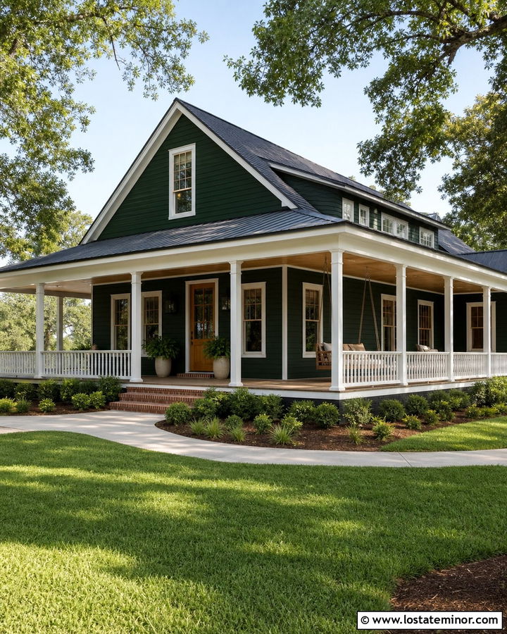 Hunter Green House With Wraparound Porch Swing - 30 Hunter Green House Design With Swing Ideas