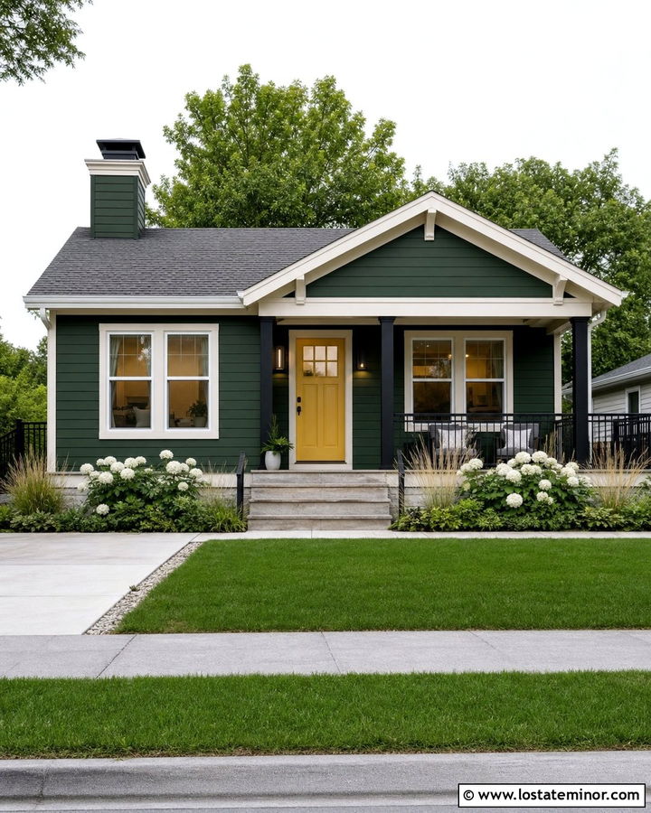 Hunter Green House With Yellow Door And Black Sconces - 30 Hunter Green House Design With Light Fixtures Ideas