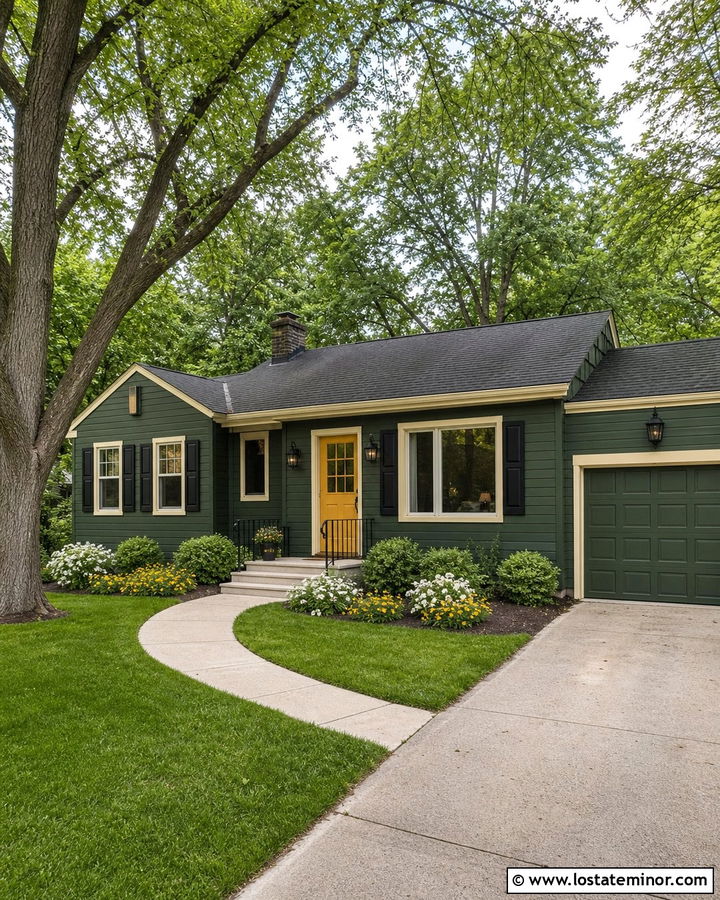 Hunter Green House With Yellow Door And Black Shutters - 30 Hunter Green House Design With Shutters Ideas