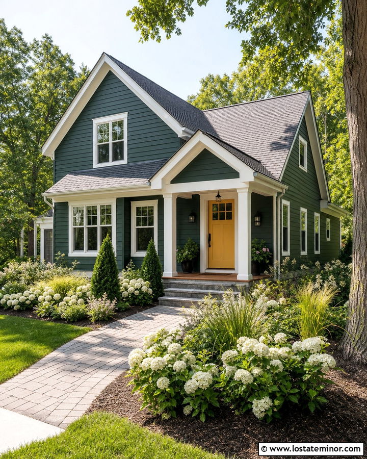 Hunter Green House With Yellow Door And Gray Shingles - 30 Hunter Green House Design With Shingles Ideas