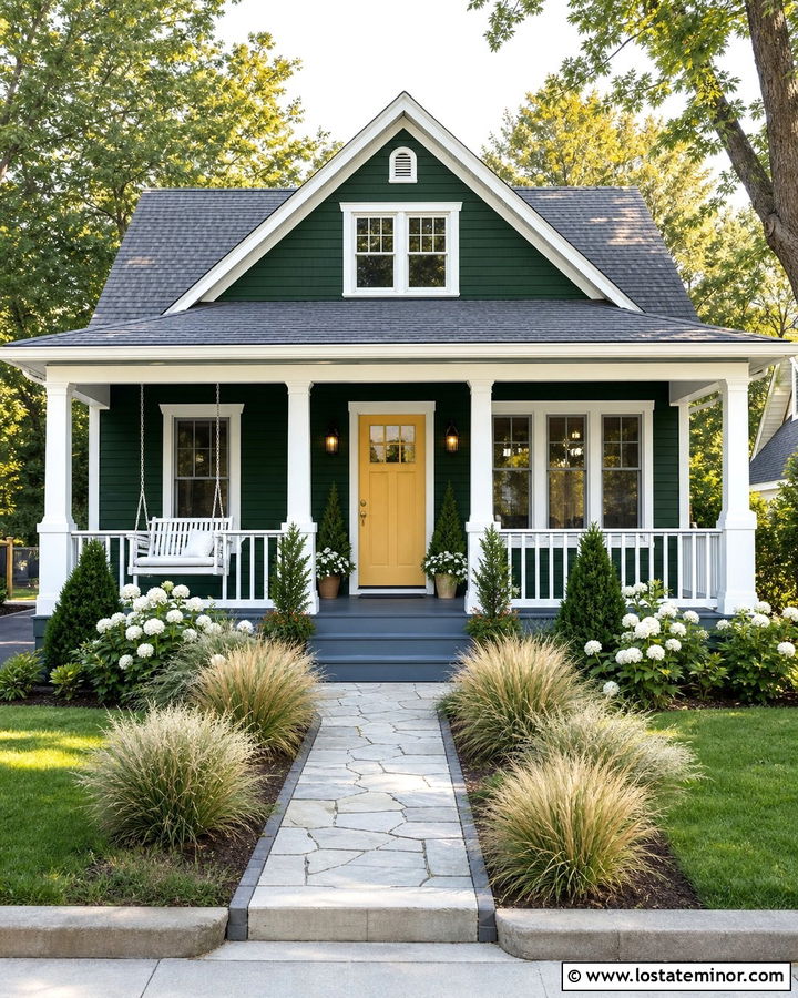 Hunter Green House With Yellow Door And Porch Swing - 30 Hunter Green House Design With Swing Ideas