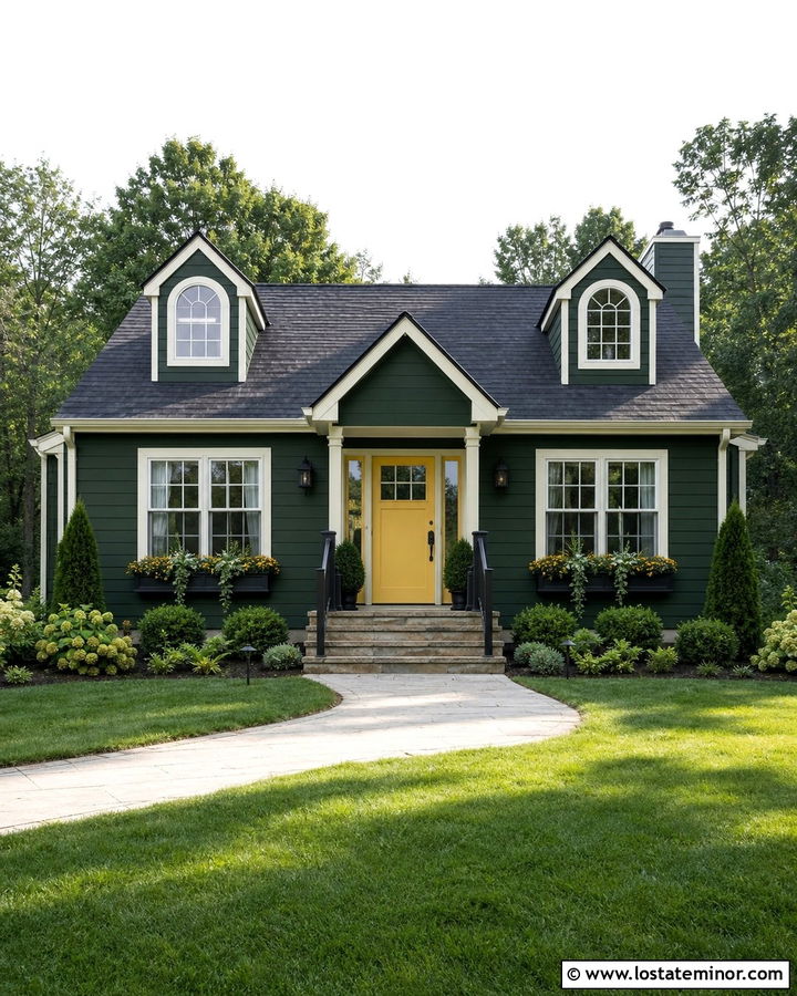 Hunter Green House With Yellow Door And Window Boxes - 30 Hunter Green House Design With Window Boxes Ideas