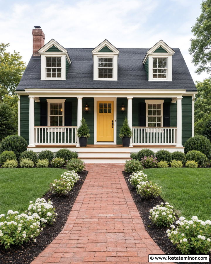 Hunter Green House With Yellow Front Door - 30 Hunter Green House Design With Front Porch Ideas
