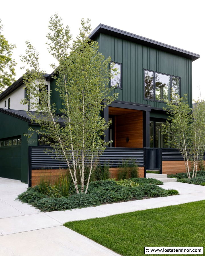 Hunter Green Industrial Modern House With Metal Fence - 30 Hunter Green House Design With Fence Ideas