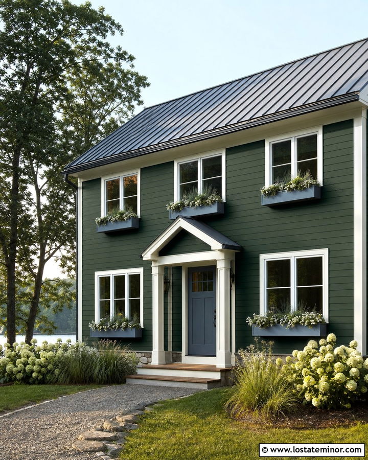 Hunter Green Lake House With Blue Window Boxes - 30 Hunter Green House Design With Window Boxes Ideas