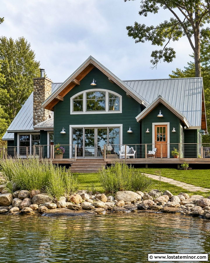 Hunter Green Lake House With Galvanized Lights - 30 Hunter Green House Design With Light Fixtures Ideas