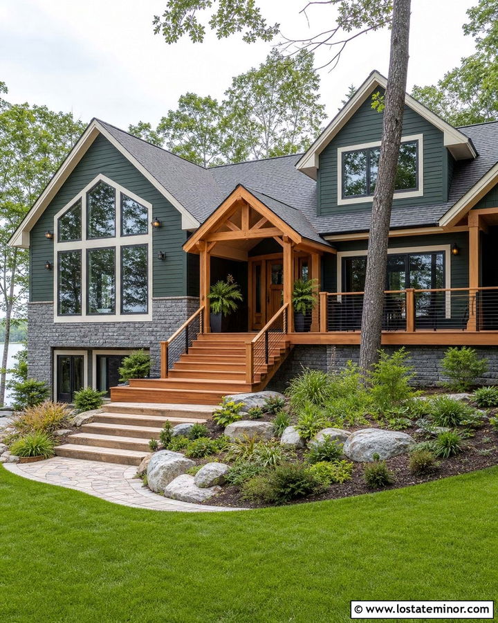 Hunter Green Lake House With Gray Stone Wainscoting - 30 Hunter Green House Design With Wainscoting Ideas