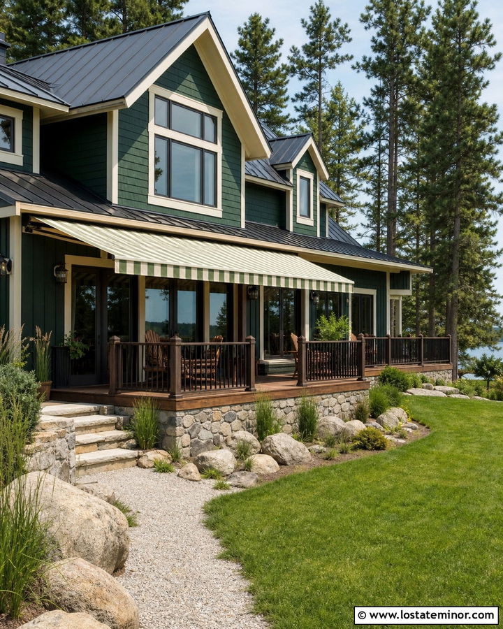 Hunter Green Lake House With Retractable Patio Awning - 30 Hunter Green House Design With Awning Ideas