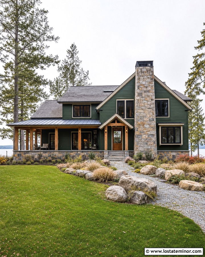 Hunter Green Lake House With Stone Chimney - 30 Hunter Green House Design With Stone Accents Ideas