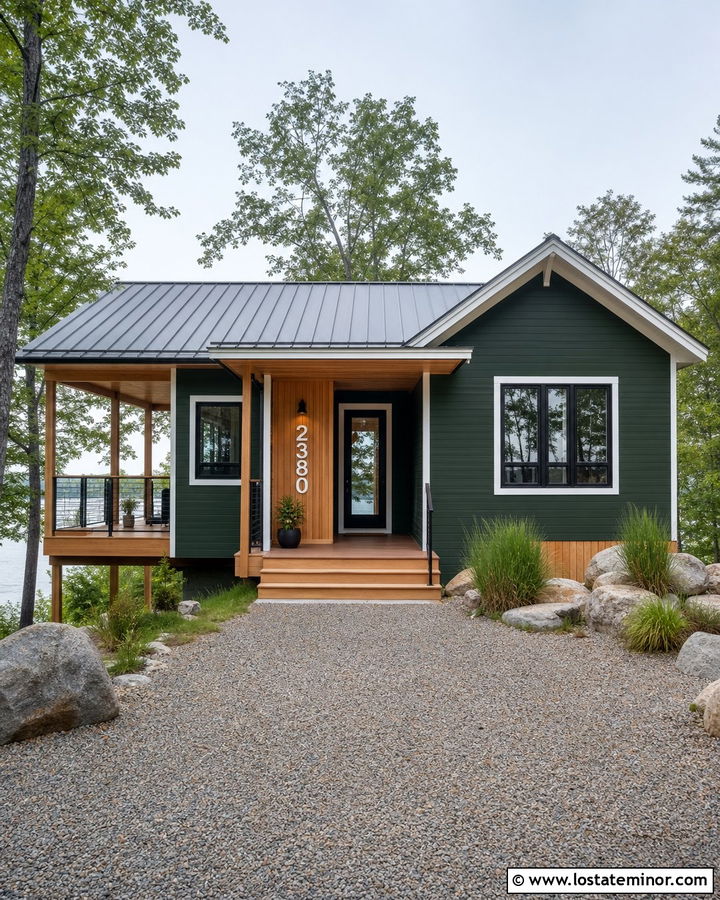 Hunter Green Lake House With White Numbers - 30 Hunter Green House Design With House Numbers Ideas