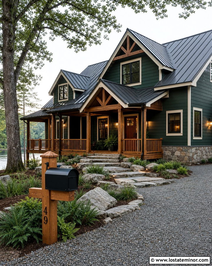 Hunter Green Lake House With Wood Mailbox - 30 Hunter Green House Design With Mailbox Ideas